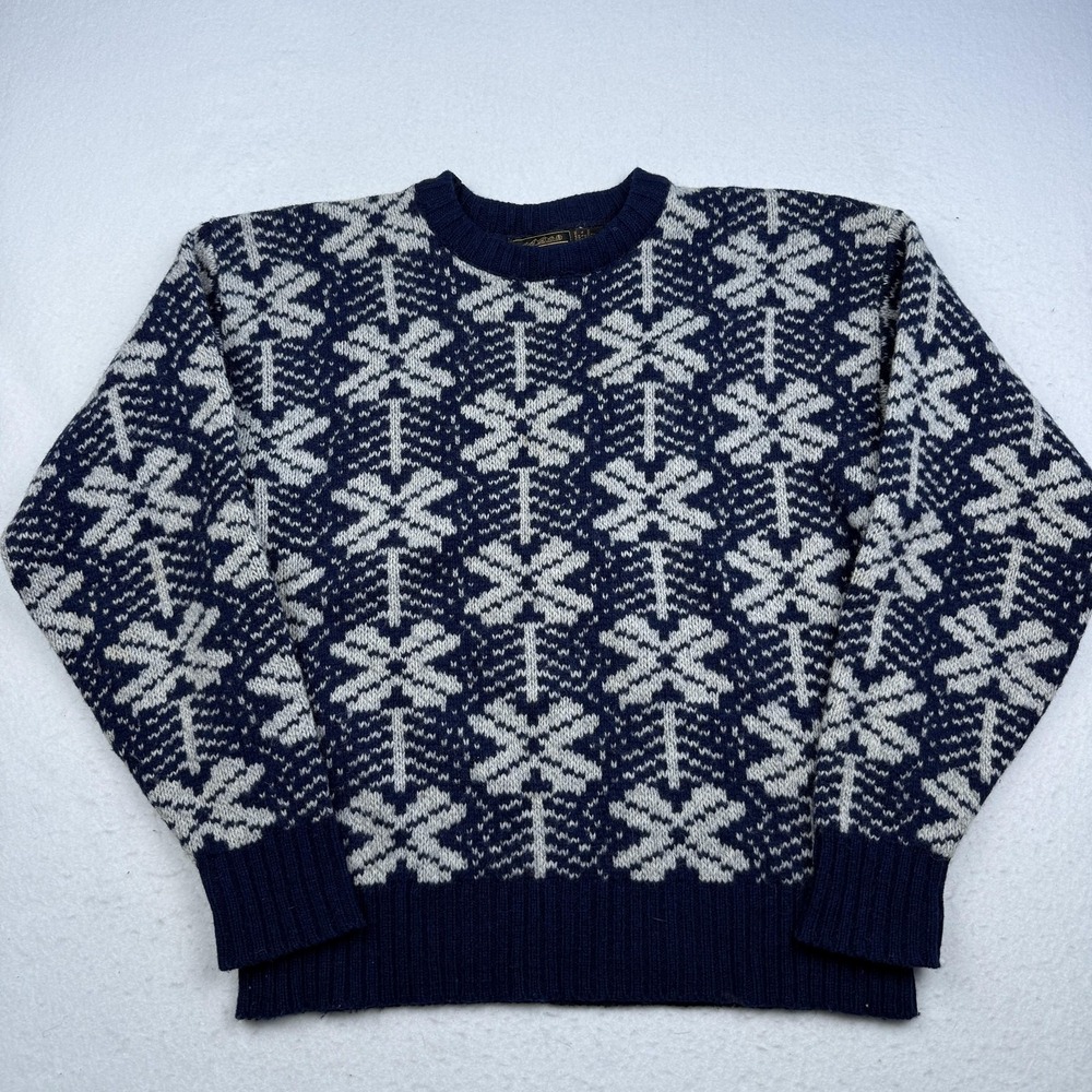 Vintage Eddie Bauer Sweater Mens XL Navy Blue Wool Fair Isle Knit USA Crewneck